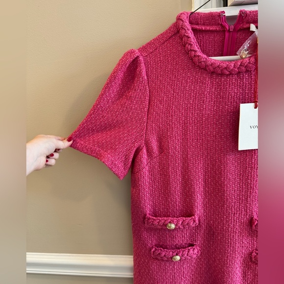 Pink Tweed Business Casual Dress with Gold Button Detail - Picture 4 of 5